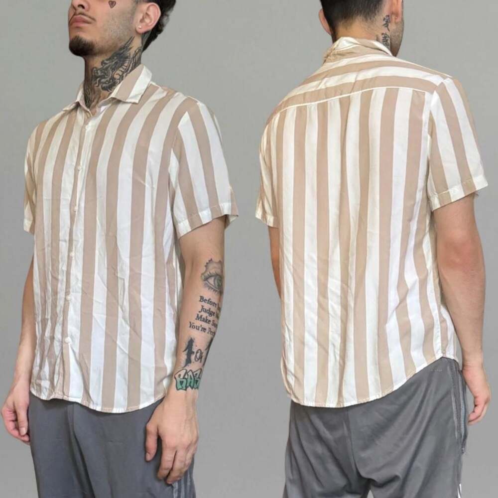 Denim & Flower Ricky Singh Beige and White Vertical Striped Button Up Shirt